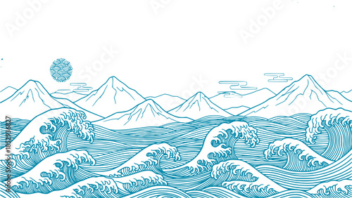 Vector illustration landscape. Japanese wave pattern. Mountain background. Asian style. Sea backdrop. Design for social media wallpaper, blog post template, card, poster. Ornament backdrop. Old paper