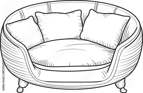 Cozy pet bed illustration with layered pillows and blanket, peaceful resting place for pet animal, modern home comfort theme, cute interior design for pets.