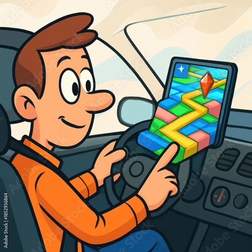Cartoon man following navigation app during a road trip for leisure activities
