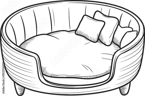 Cozy pet bed illustration featuring pillows and blanket, comfortable sleeping area for resting animal, indoor pet lifestyle, soft textures, calm home atmosphere concept.