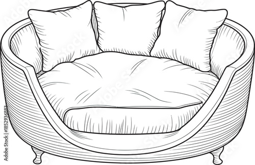 Cozy pet bed illustration with soft pillows and warm blanket, comfortable resting space for dog or cat, home interior concept, cute animal sleep furniture design.