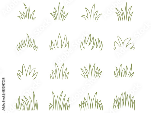 A collection of simple, hand-drawn grass illustrations on a white background.