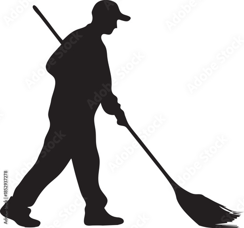 Silhouette of Street Cleaner Sweeping Ground with Broom Isolated on White Background