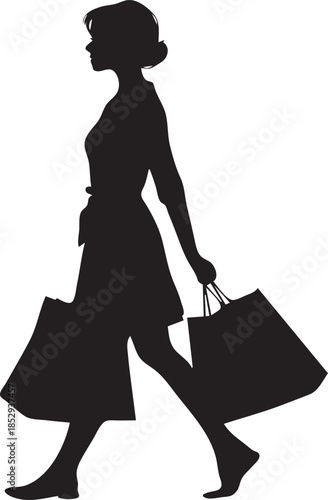 Silhouette of Woman Carrying Shopping Bags While Walking Isolated on White Background