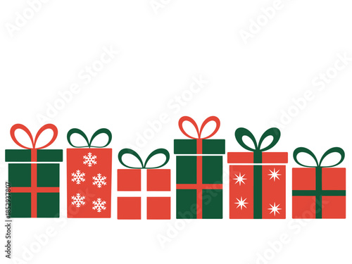 A collection of festive Christmas presents are lined up in a row with bows.