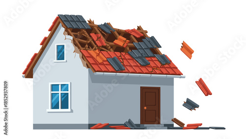 Charming house with a severely damaged roof, showcasing missing and falling tiles, exposed rafters, and scattered debris around its perimeter, indicating extensive storm damage or a serious accident.
