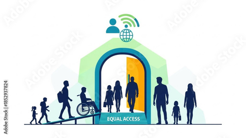 Diverse group of people accessing building with equal access ramp and wifi symbol representing inclusion and connectivity for all