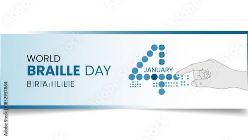 World Braille Day banner with January 4th date featuring a hand touching braille dots representing literacy and accessibility for the visually impaired