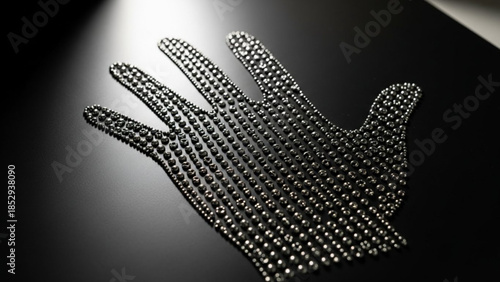 Metal hand shape formed by magnetic balls abstract concept of connection and technology isolated on a dark background