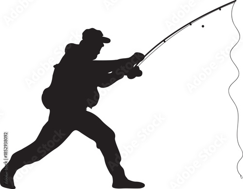 Silhouette of Fisherman Casting Fishing Rod Isolated on White Background