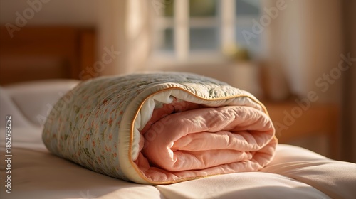 A folded quilt resting at the foot of a bed, intricate stitching patterns revealing craftsmanship and tradition — handmade textiles, bedroom décor, and artisanal home aesthetics. cinematic color