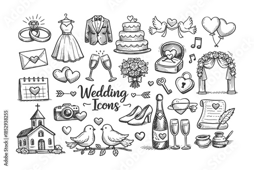Wedding celebration hand drawn doodle icon set in black and white vector style featuring bride, groom, rings, cake, flowers, and ceremony elements