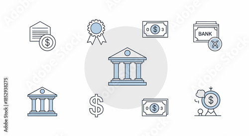 Financial Icons Set with Bank Building, Money, and Documents.