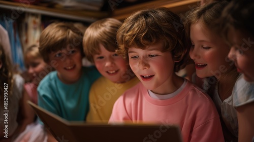 A children’s theater group giggling nervously backstage in colorful costumes, a volunteer calming them while holding a clipboard — wholesome community arts, youth creativity, and heartwarming
