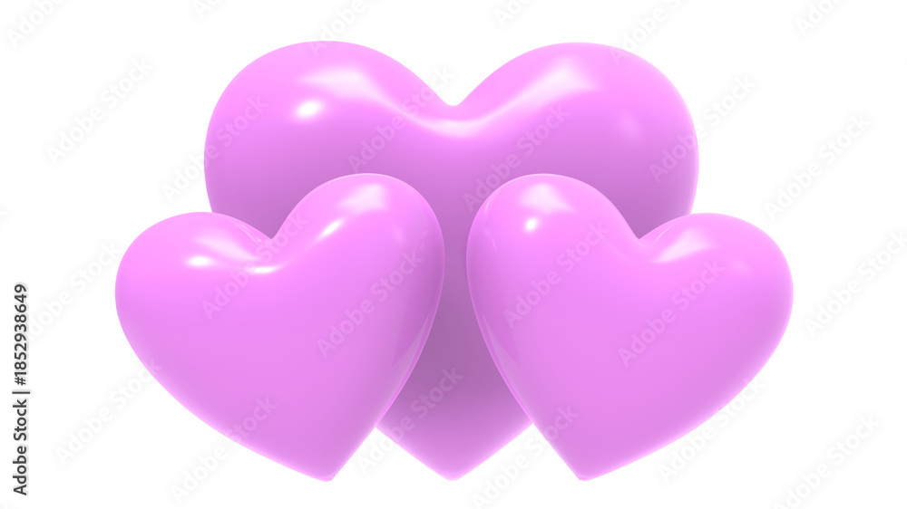 Fototapeta premium Three shiny purple hearts shape transparent background. Render illustration of floating love and romance, like and wedding symbol. Valentine 