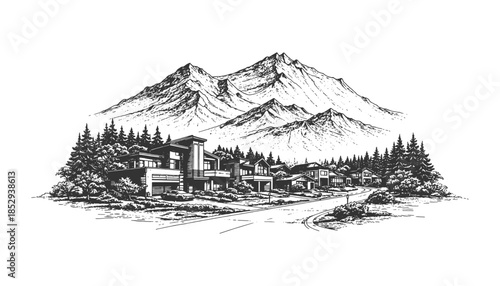Peaceful mountain village landscape illustration in black and white line art style, rural scenery with forest and hills vector illustration