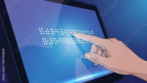 Hand touching a digital screen displaying braille text representing accessibility and technology for visually impaired individuals modern interface concept