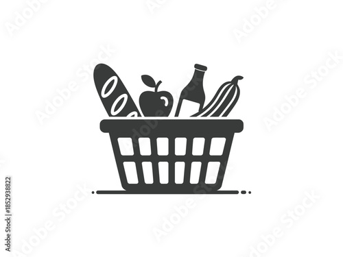 A shopping basket filled with a baguette, apple, bottle, and cucumber.