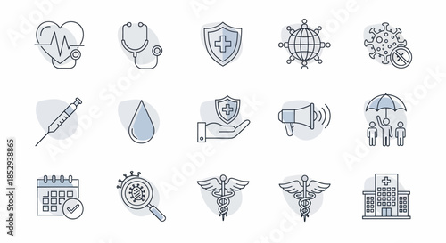 Comprehensive set of medical and healthcare line icons for health and wellness concepts.