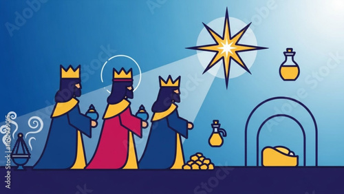 Three Wise Men following the star to Bethlehem carrying gifts of gold frankincense and myrrh flat vector illustration for Christmas