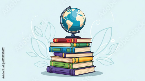 Stack of colorful books topped with a globe representing education and global knowledge ideal for learning and travel concepts