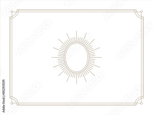 Elegant sunburst design with an oval frame on a white background.