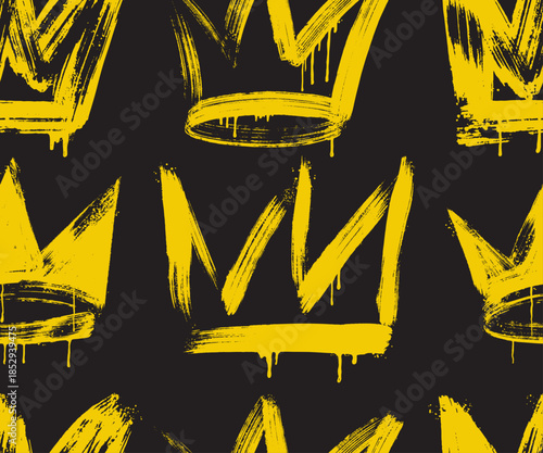 Seamless pattern graffiti drawing symbols. Spray painted graffiti crown sign with drip. Grunge bold crown with spray texture. Street art style drawing. Seamless pattern brush drawn grunge rough symbol