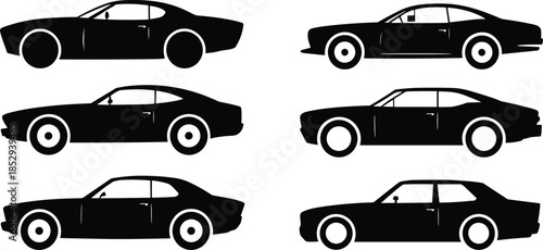 Car silhouette collection, black vehicle icons, classic and modern styles, side view profiles, auto design variations, vector set
