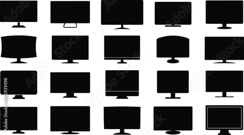 Computer monitor silhouette collection, black vector screen icons, desktop display shapes, technology illustration set, flat and curved designs