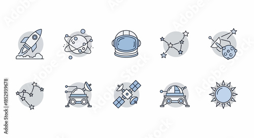 Collection of space exploration and astronomy themed icons.
