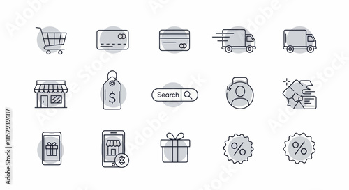 E-commerce and online shopping icons set for digital business.