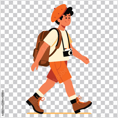 Young man with backpack and camera walking, enjoying an outdoor adventure and exploring new places on a scenic journey