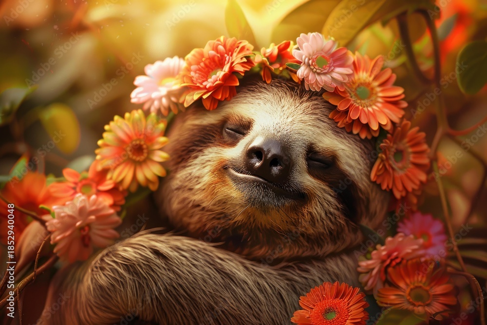 Obraz premium Adorable sloth with closed eyes wearing a vibrant flower crown, enjoying a peaceful moment in the warm sunlight