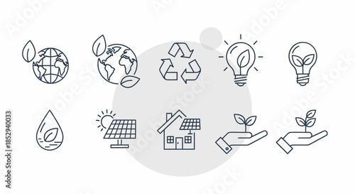Eco-friendly line art icons for environmental sustainability and green energy solutions.
