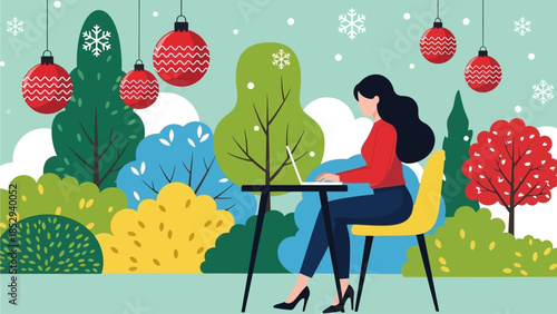 Productive Winter Remote Work Woman Focuses on Laptop in a Beautiful Outdoor Setting with Holiday Decor and Falling Snow