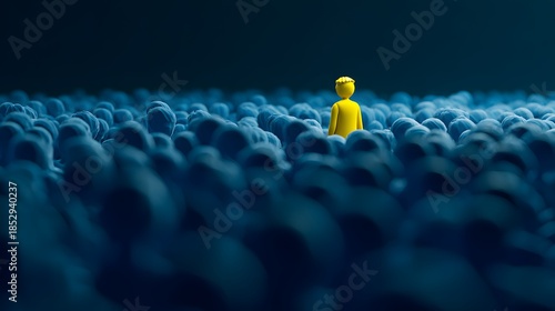 A solitary figure in vibrant yellow stands out amidst a sea of blue.