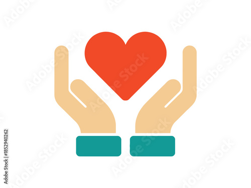 Two hands gently hold a red heart symbolizing care and love.