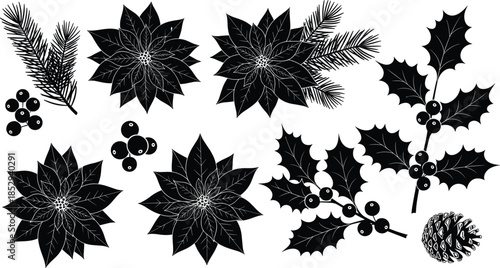 Christmas botanical silhouette set with poinsettia, pine needles, holly leaves, berries, and pine cone for festive seasonal design
