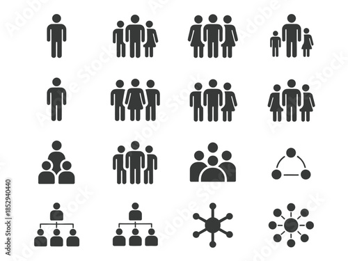 A collection of pictogram icons represents various group sizes and organizational structures.