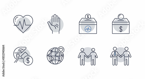 Collection of charity and donation related line icons.