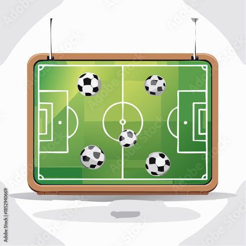 Football tactic board. Magnetic board with football field marking and magnetic pins, soccer tactic scheme, team strategy.