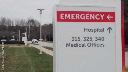 Emergency Sign at Hospital in USA. Emergency Room and Medical Care Building. Hospital, Medical Center, Emergency Room.