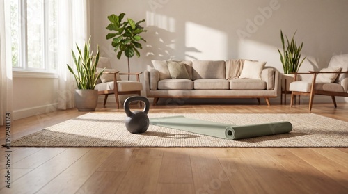 Yoga mat, kettlebell, sunny living room. Rolled yoga mat on rug near kettlebell, sofa, plants, bright daylight; yoga mat supports home workout for newyear fitness goals, wellness theme