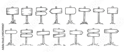 Hand Drawn Road Sign Vector Set, Doodle Wooden Signpost and Blank Arrow Direction Pointers, Sketch Street Signboard Isolated Elements