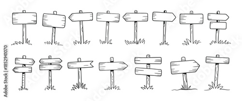 Hand Drawn Road Sign Vector Set, Doodle Wooden Signpost and Blank Arrow Direction Pointers, Sketch Street Signboard Isolated Elements