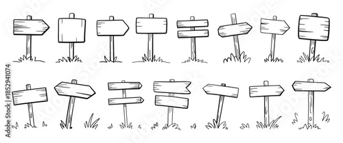 Hand Drawn Road Sign Vector Set, Doodle Wooden Signpost and Blank Arrow Direction Pointers, Sketch Street Signboard Isolated Elements