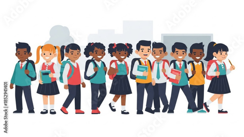 Diverse group of happy elementary school children boys and girls with backpacks and books walking together on a sunny day illustration for education and childhood concepts
