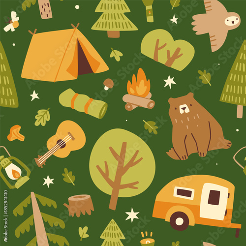 Doodle forest camping dark pattern with animals. Seamless vector woodland print.