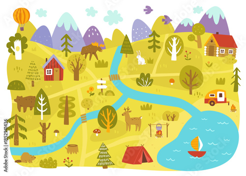 Cute map with wild animals. Woodland landscape vector illustration for carpet.
