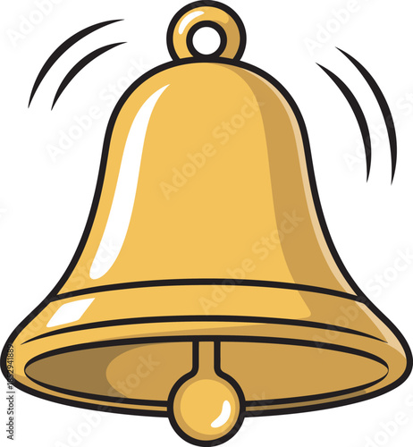 Vibrating golden bell icon ringing with sound waves, colorful cartoon illustration for alerts and notifications, user interface element, modern digital message notification concept.